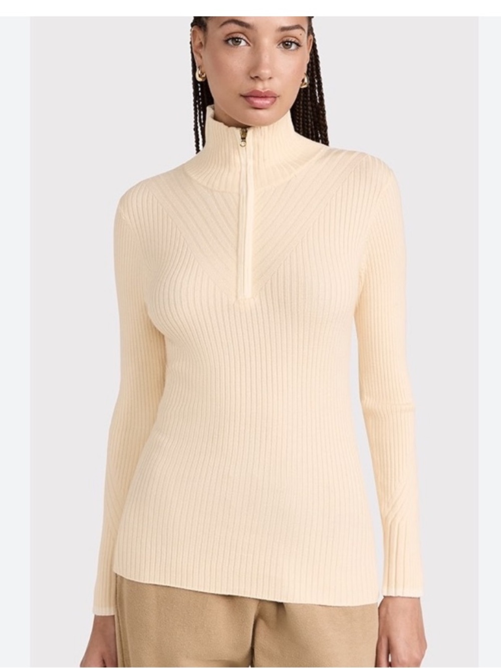 Varley Demi half zip knit sweater cream ivory ribbed quarter base top Small